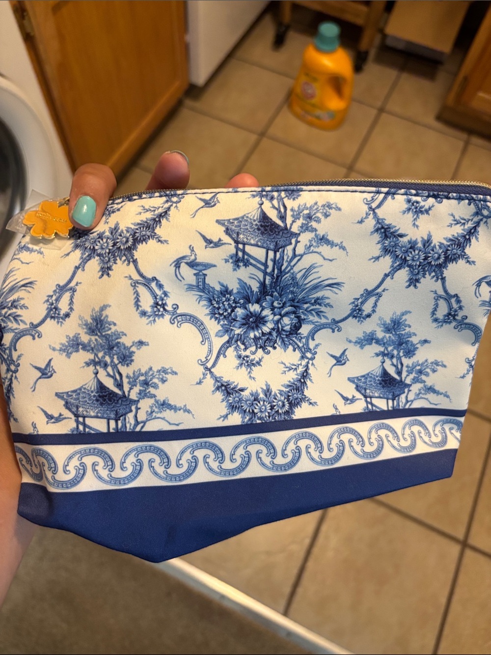 Estee Lauder Blue and White Toile Makeup Pouch with Gold Charm